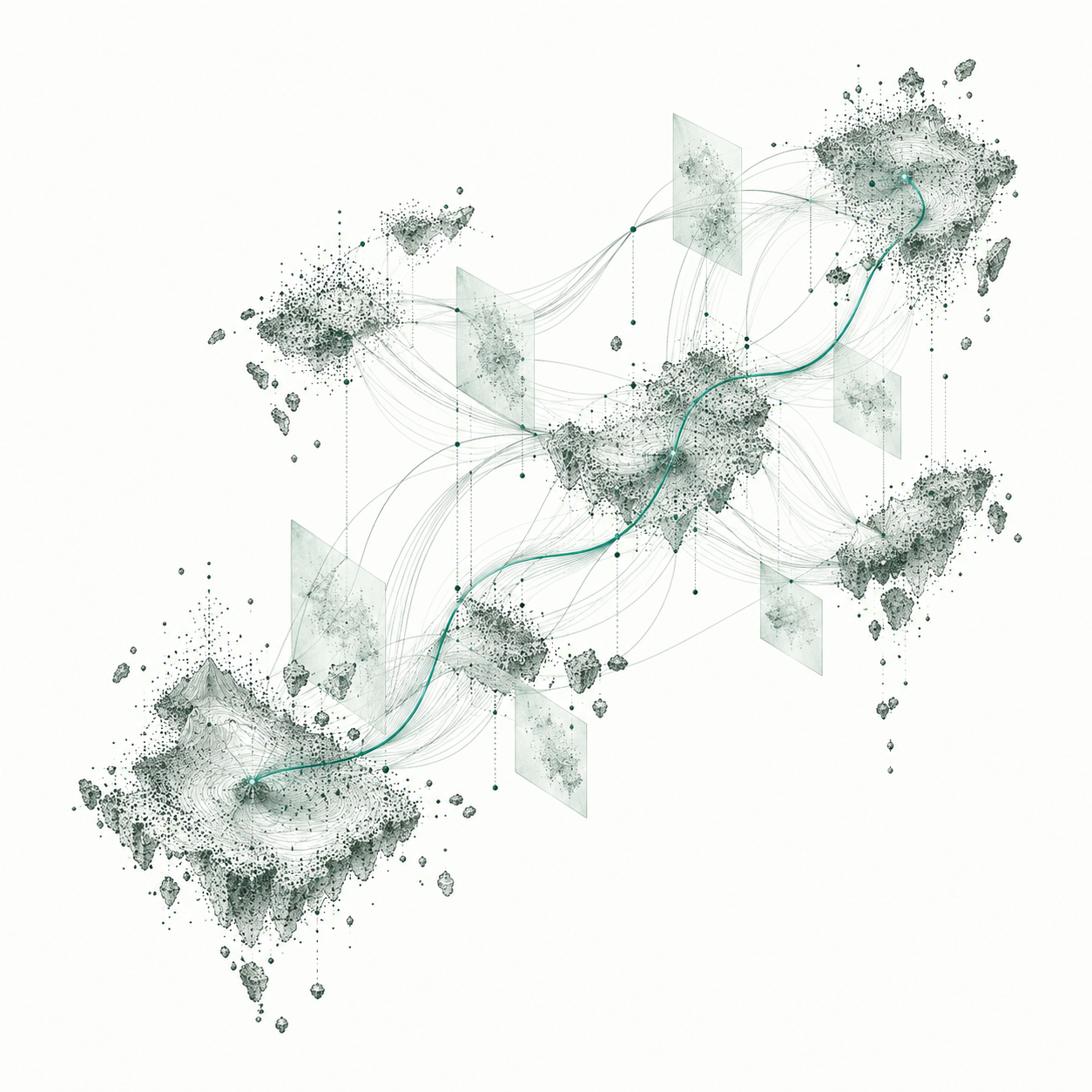 Abstract data landscapes connected by fine lines and a teal path.